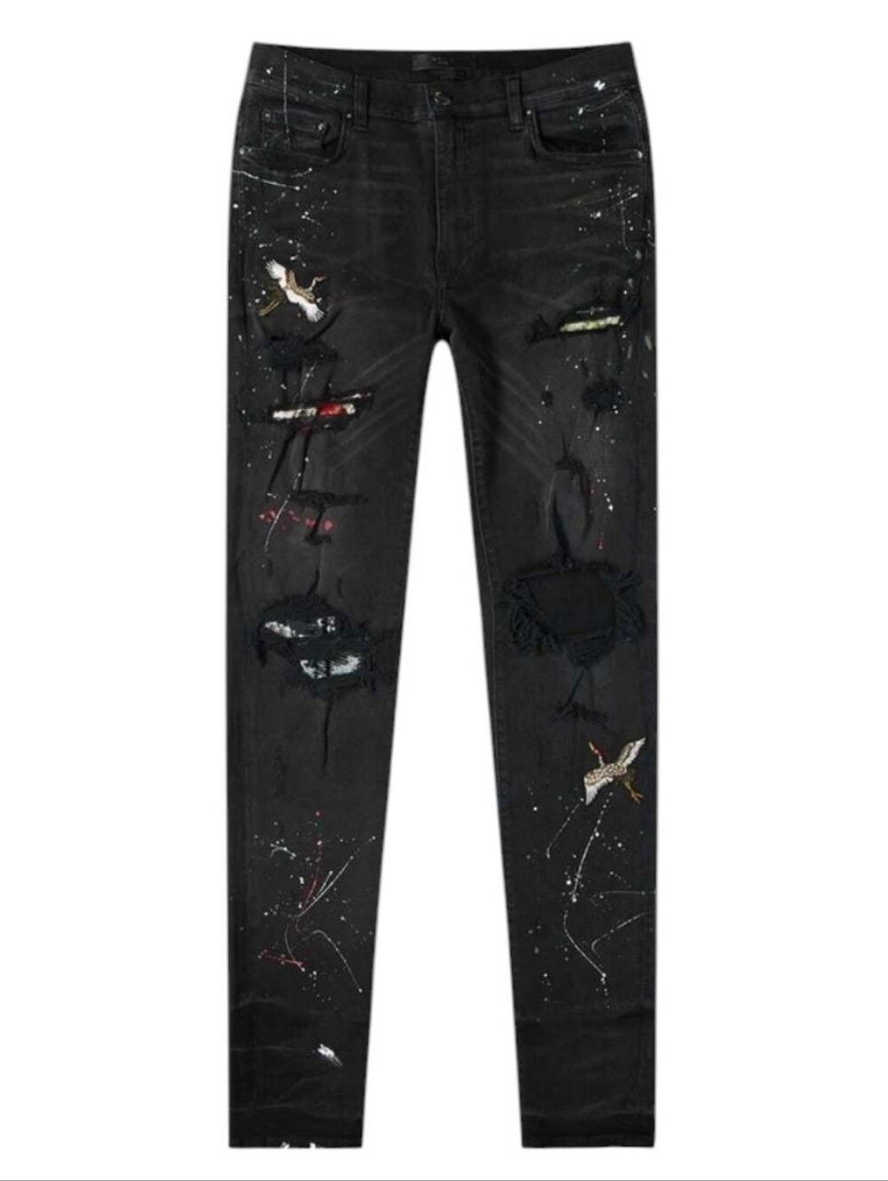 Amiri Black Art Patch Jeans Crane Paint Splatter Distressed Mens 36